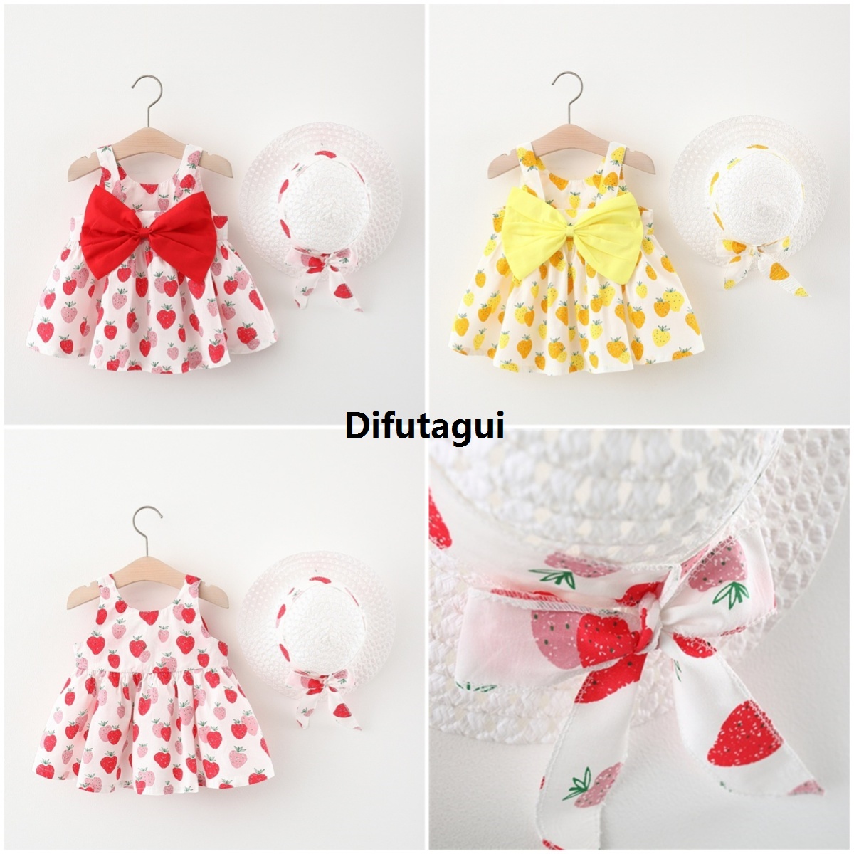 Difutagui 2025 New Year 3-skirt girls 2 hats and summer baby skirt piece Original set strawberry ribbon belt princess 0 children's clothing