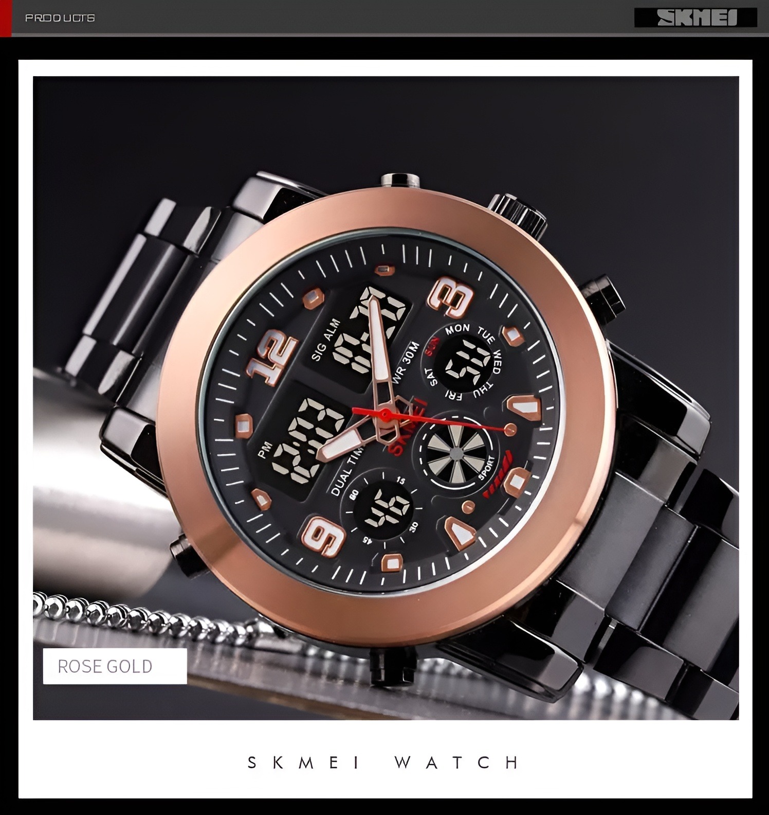 SKMEI 1642 Men’s Casual Chronograph LED Digital Analog Stainless Steel Wrist Watch - Black