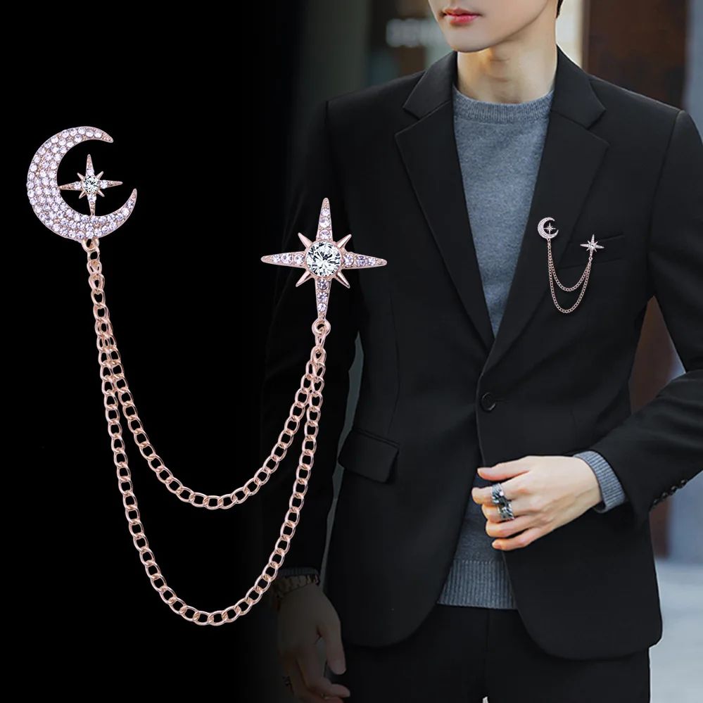Korean Fashion Moon & Star Brooch Set for Couples - Elegant Rhinestone Starry Brooch with Chain Tassels, Celestial Pin Jewelry Accessories for Women & Men, Stylish Matching Lapel & Outfit Brooch