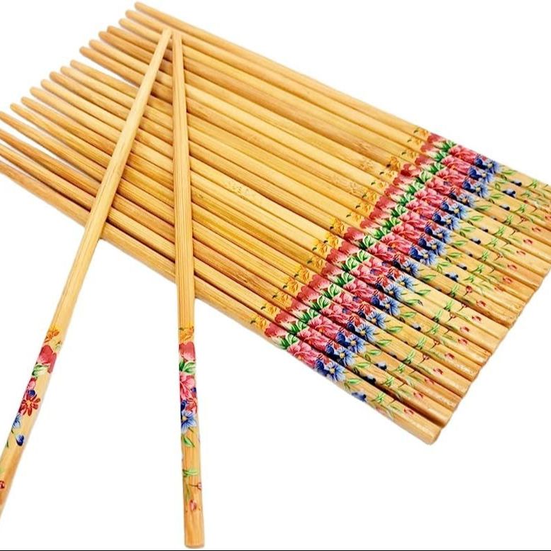 Beige Bamboo Flower Print Noodles Chopsticks, 1 Pair