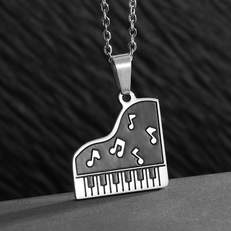 【New Arrivals】New Musical Piano Keyboard Female Male Stainless Steel Black Enamel Pendant silver Black Oil Necklace Jewelry