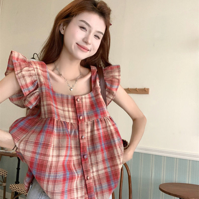 New Women's Plaid Shirts Summer Clothing Fashion Square Neck Casual Style Korean Short Top