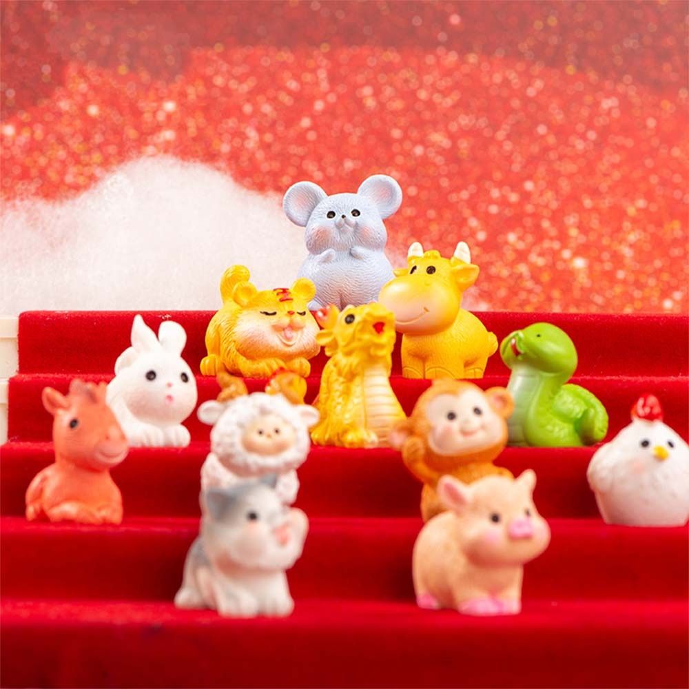 Kids Gift Cute Mini Twelve Zodiac Figurines DIY Resin Crafts Zodiac Figurines Miniature Cartoon Handmade Micro Landscape Decoration Home Desktop Decor