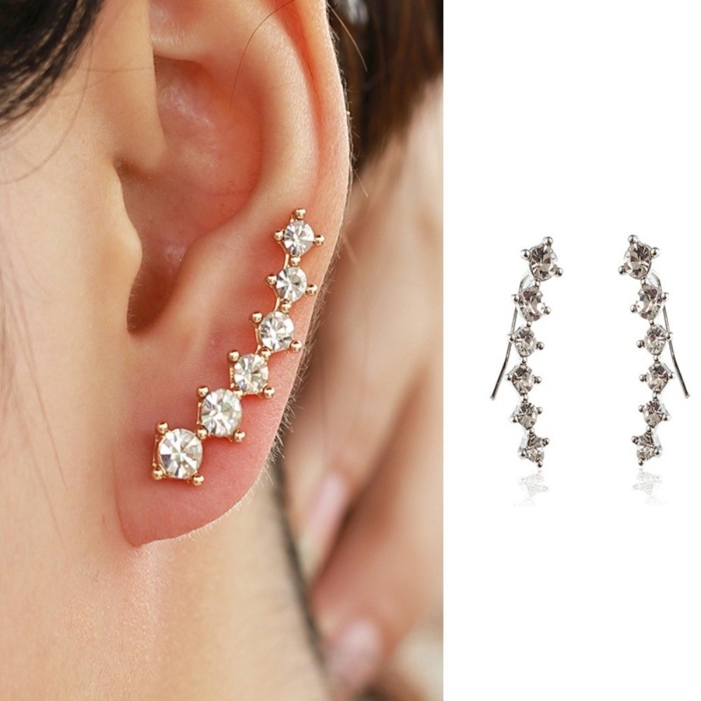 1 Pair Luxury Dazzling Ear Clip Earrings 6 Rhinestone Simple Design Cubic Zirconia Earrings Ear Jewelry Student Girl Gifts