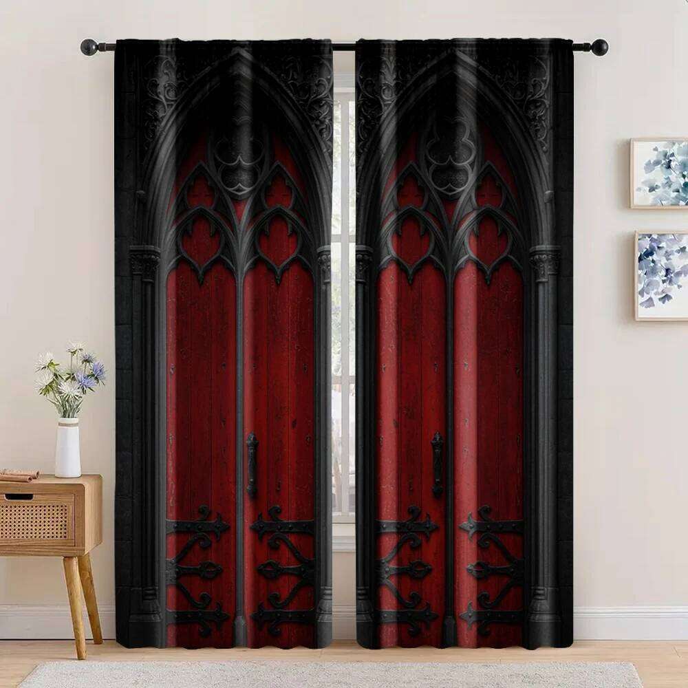 2pcs, spring summer Gothic Castle Sheer Curtains Polyester Easy Install Decorations Outdoor for Kitchen Living Room
