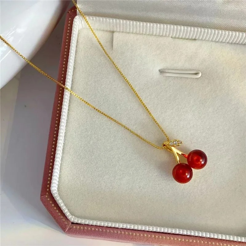 Gold Plated Red Cherry Pendant Necklace For Women - Sweet Korean Style Cute Resin Cherry Fruit Charm Choker Chain Jewelry Gift