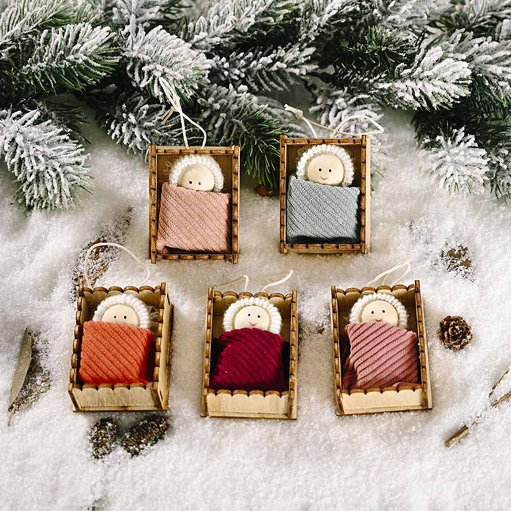 Kids Toy Festival Favors Xmas Tree Embelishment Wood Box Baby Knitted Doll Pendant Drop Ornament Christmas Hanging Decoration