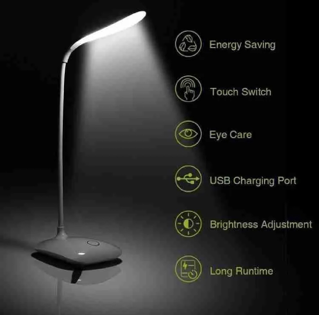 USB-rechargeable LED desk lamp features touch control for three levels of brightness adjustment. BY JAY DURGA COLLECTION