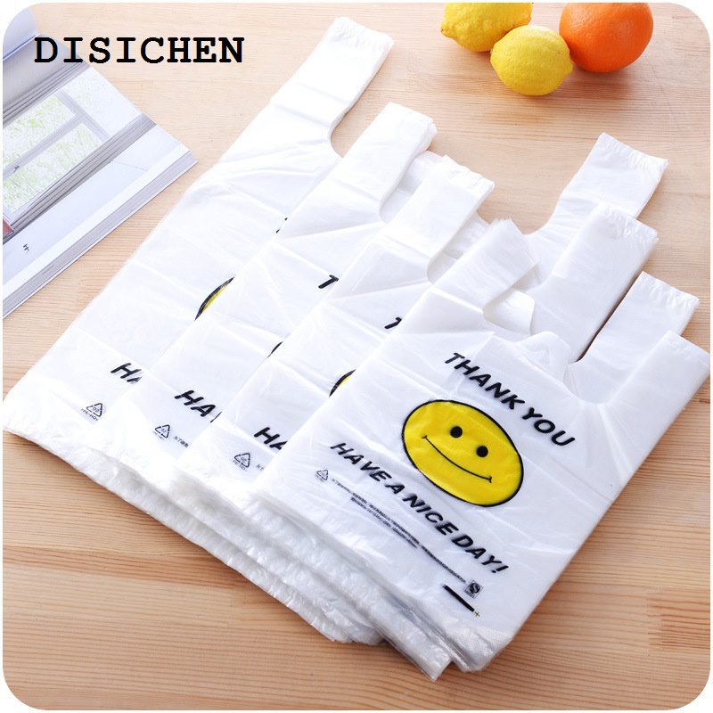 DISICHEN Profesional 50pcs/Lot Supermarket Plastic Bags Transparent Shopping Bag Handle Fruit Food Packaging Carry Out Bags