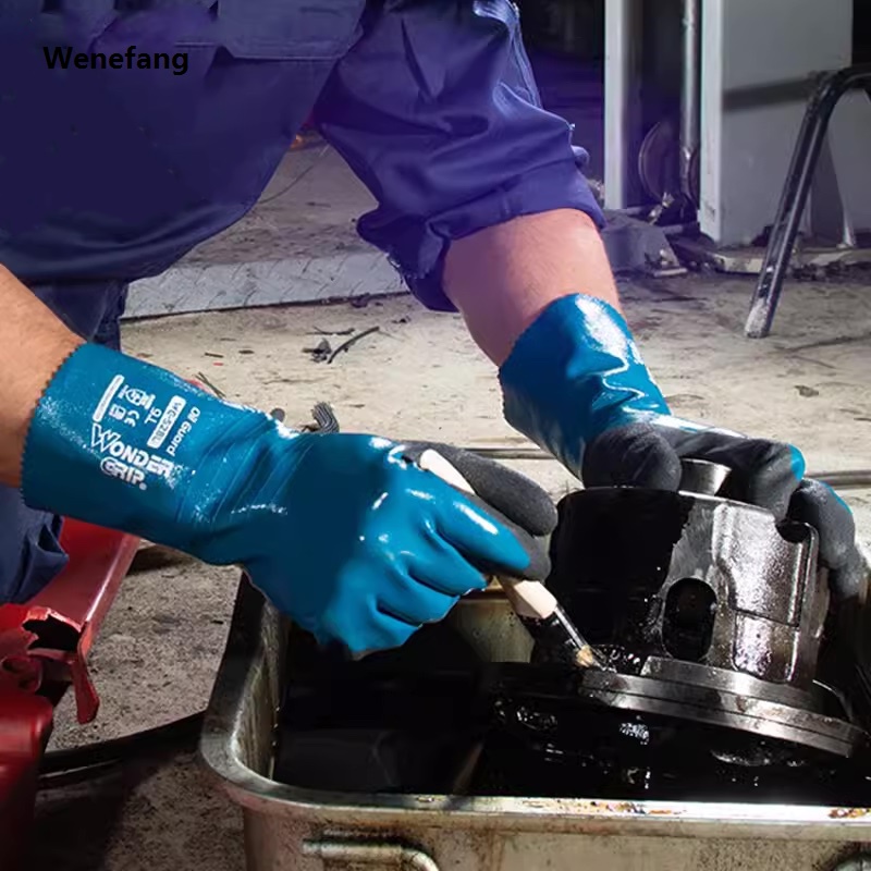 Wenefang Oil Resistant Work Gloves Safety Nitrile Fully Dipped Long Cuff Gas Anti Biotic Slip Waterproof Acid-base Chemical Proof