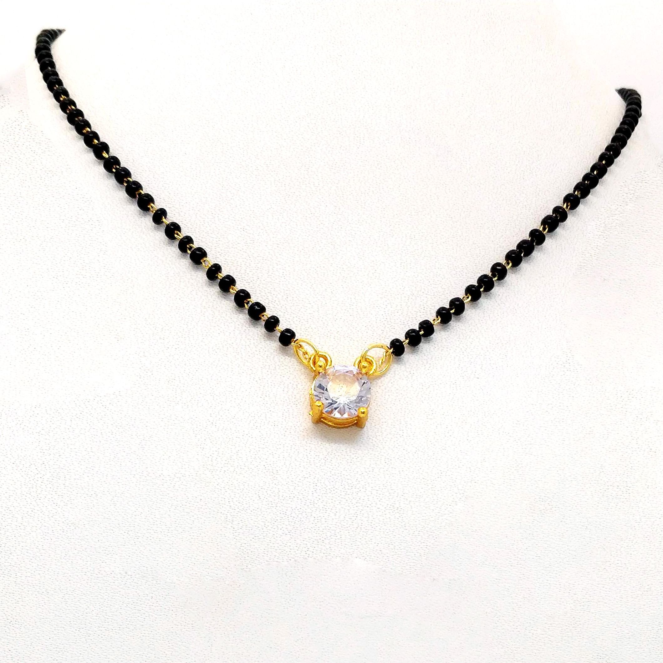 One Stone Simple Mangalsutra For Daily Use American Diamond Single Stone Pendant Locket with Black Crystal Beads Mangalsutra for Married Women | Black Beads Mangalsutra for Married Women Nepali Style Black Beads Mangalsutra with Gold Plated Pendant