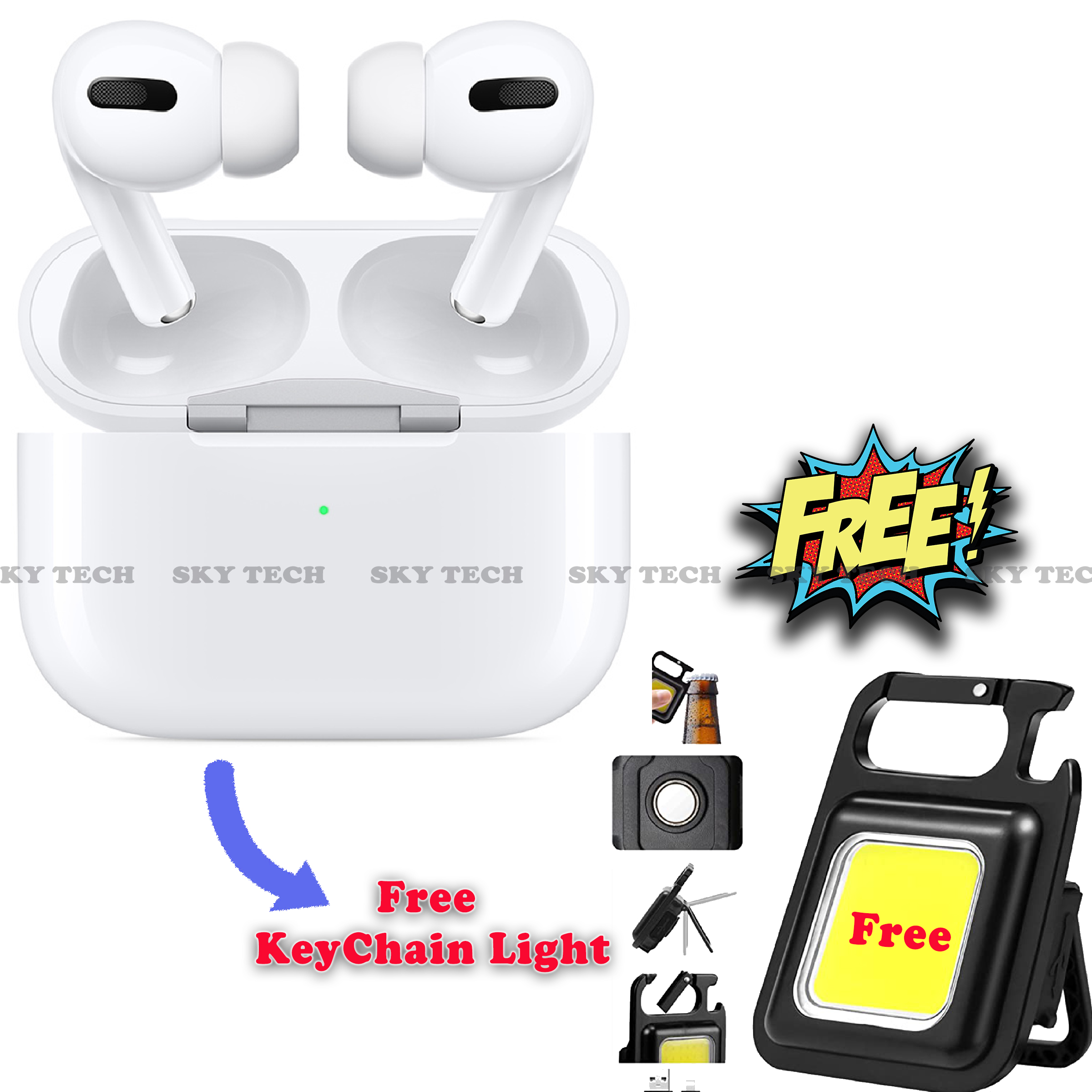 AirPods Pro ANC Wireless Earbuds - Deep Bass, Clear & Loud Sound, Noise Cancelling, Bluetooth, 6-8H Playtime, Works with All Phones + Free Gift Keychain Light