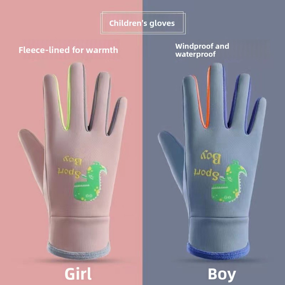 Durable Cartoon Dinosaur Kids Warm Gloves Night Luminous Waterproof Kids Winter Cycling Gloves Windproof Thick Children's Outdoor Gloves Cycling Equipment
