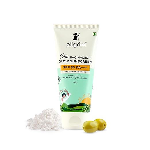Pilgrim 2% Niacinamide Glow Sunscreen SPF 50 +++ for men and women with Spanish Squalane | Enhances Glow, Broad spectrum, Non-greasy, No white cast &