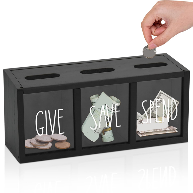 Wooden Give Save Spend Money Saving Box for Kids, Countertop Kid Piggy Bank for Daily Cash, Wall-Mount Kids Bank Easy Install Black