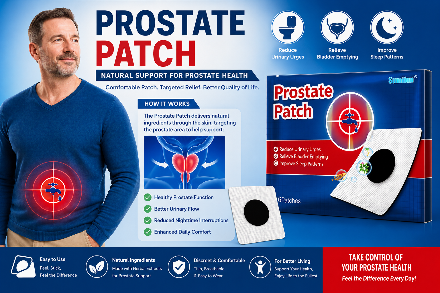 Herbal Prostate Support Patch for Men | Umbilical Herbal Patch | Comfort & Wellness Body Patch for Daily Care | 6 PCS Set