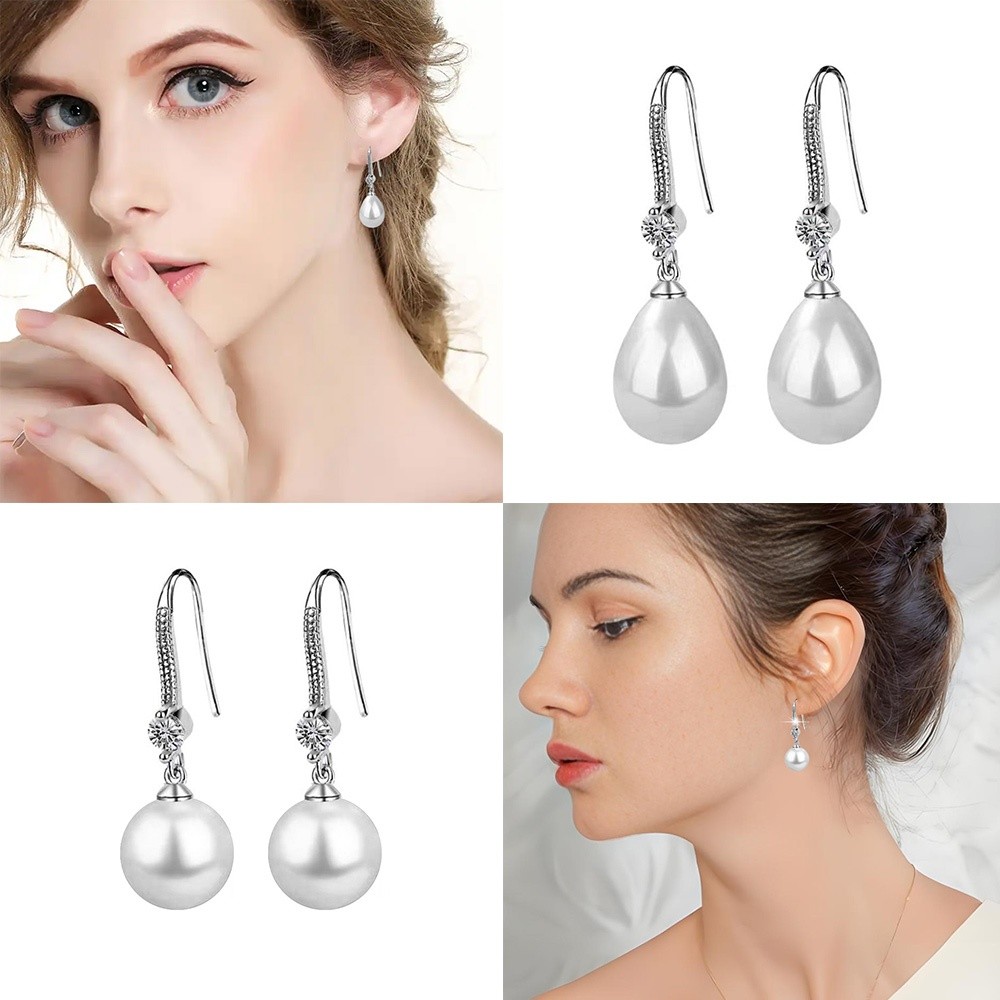 1 Pair New Temperament Water Imitation Pearls Pearl Earrings Round Water Drop Shape Ear Studs Sparkling Inlaid Drop Earrings Jewelry Accessories