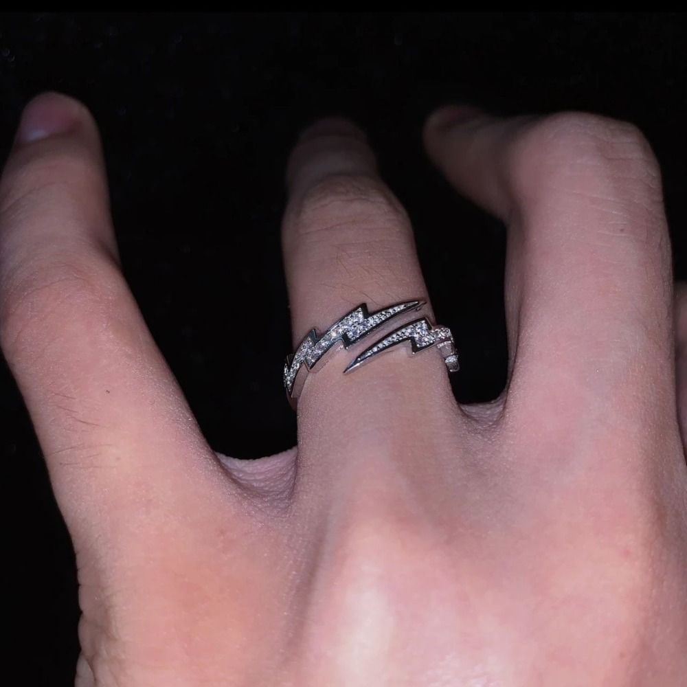 1pcs Hip Hop Style Lightning Shape Design Zircon Ring Zircon Alloy Material Open Ring Silver Adjustable Knuckle Ring Teen