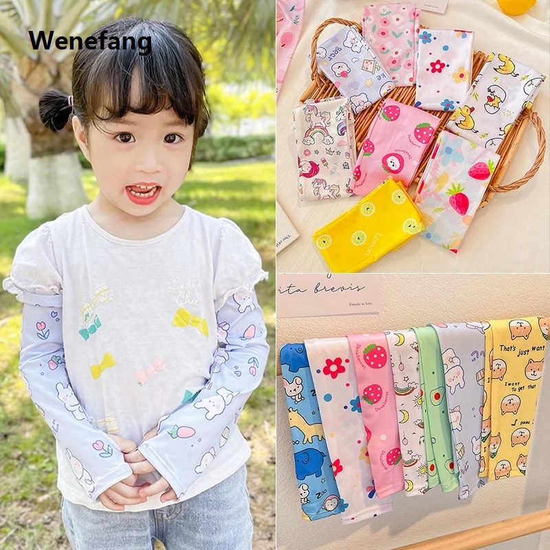 Wenefang Baby Children Summer UV Protection Boy Girls Outdoor Arm Sleeves Cartoon Floral Sunscreen Cooling Ice Silk Sleeveless Gloves