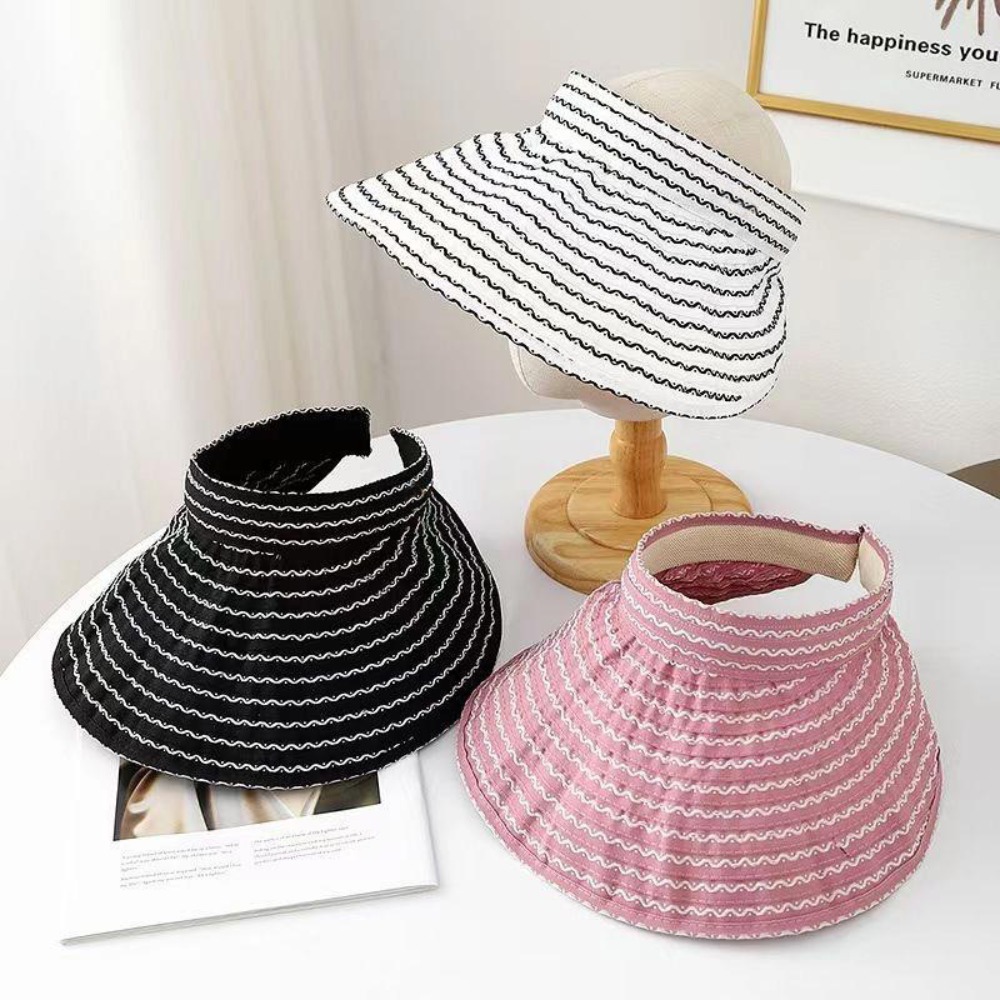 Trendy Wide Brim Women's Stripe Sun Hat Empty Top UV Protection Sun Visor Hat Quick-drying Folding Headband Bucket Hat Summer Outdoor