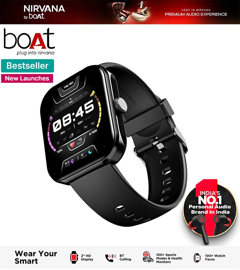 Nirvana Ultima Call Max by Bo_At Smart Watch w/ 2" Big HD Display, Advanced BT Calling, 100+ Sports Modes, 10 Days Battery Life, Multiple Watch Faces, IP68, HR & SpO2, Sedentary Alerts(Active Black)