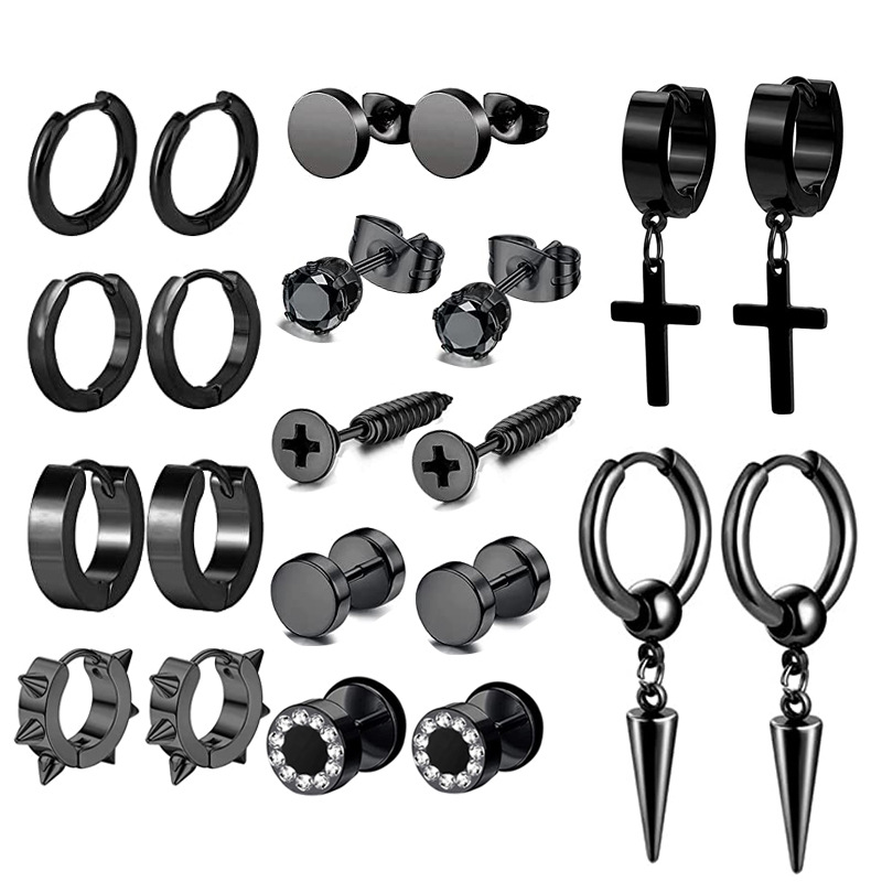 【Special offer】Fashion Cross Earrings Stainless Steel Earrings Earrings Dumbbell Screws Round Barbell Men's Earrings 11 Pairs