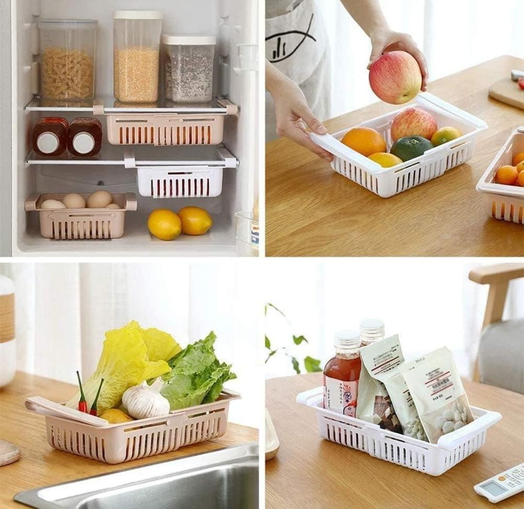 Refrigerator Storage Basket Set of 4 Adjustable For Kitchen | Fridge Storage Basket Fridge Space Saver Tray Fridge Racks Refrigerator Storage Basket Expandable Fridge Storage Rack