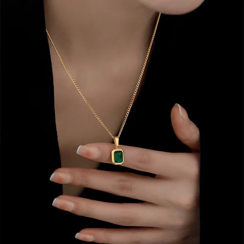 Gold Plated Necklace Stainless Chain Rectangle Green Zircon Pendant Necklace For Women