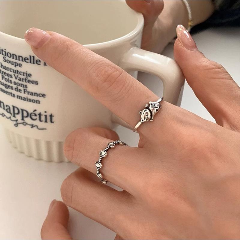 【Unlimited repurchase】Personality Geometric Peas Ring Female Ethnic Style Lucid Cat Cute Silver Open Ring Stacked Finger Ring Fashion