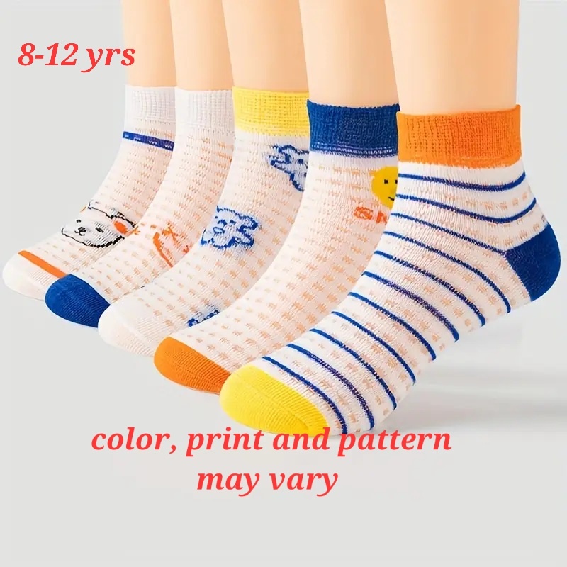 5 Pairs Cotton Summer Trendy Pattern Socks - Breathable Mesh Thin Comfy Casual Style Unisex Socks For Kids 8-12Years