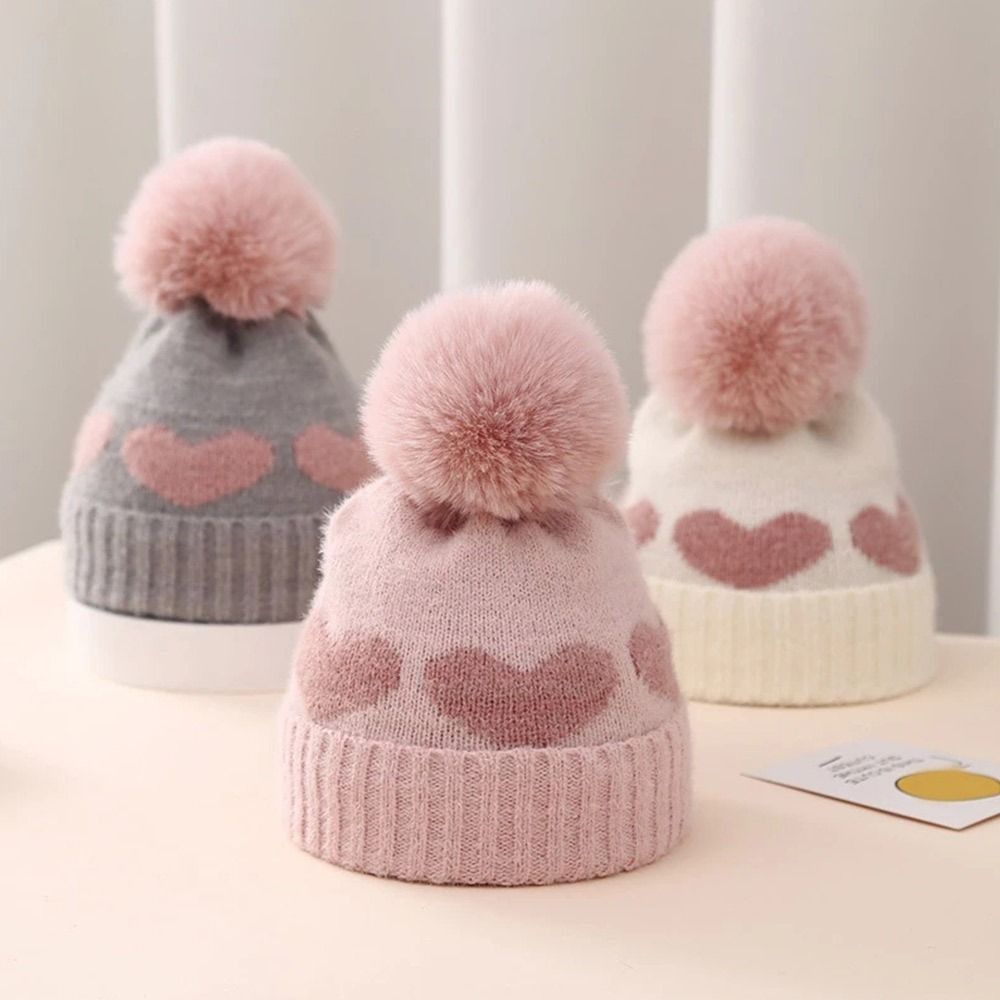Cute Heart Pattern Knitted Woolen Cap Thickened Windproof Newborn Beanie Cap Keep Warm Double Layer Baby Pom-pom Hat for 0-12 Months Baby