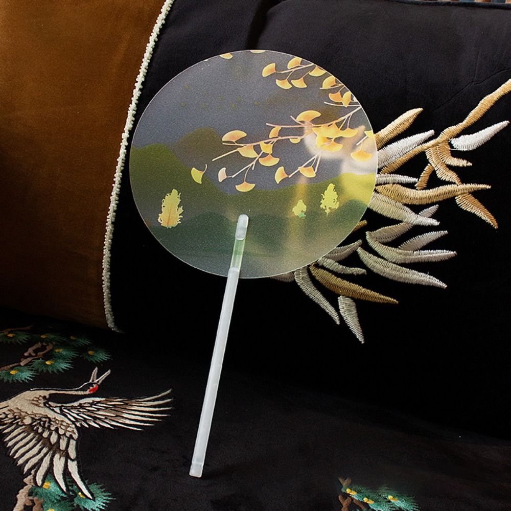 Chinese Style Frosted Fan Handle Ancient Long-handled Fan Color Printing Anti-break Handheld Round Fan High-looking Translucent Dance Group Fan Hanfu