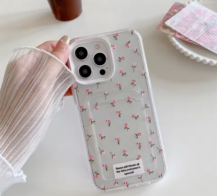 Masala Beads Cute Rose Floral Clear Card Holder TPU Silicone i-Phone Case Cases Shockproof Cover Protective Covers