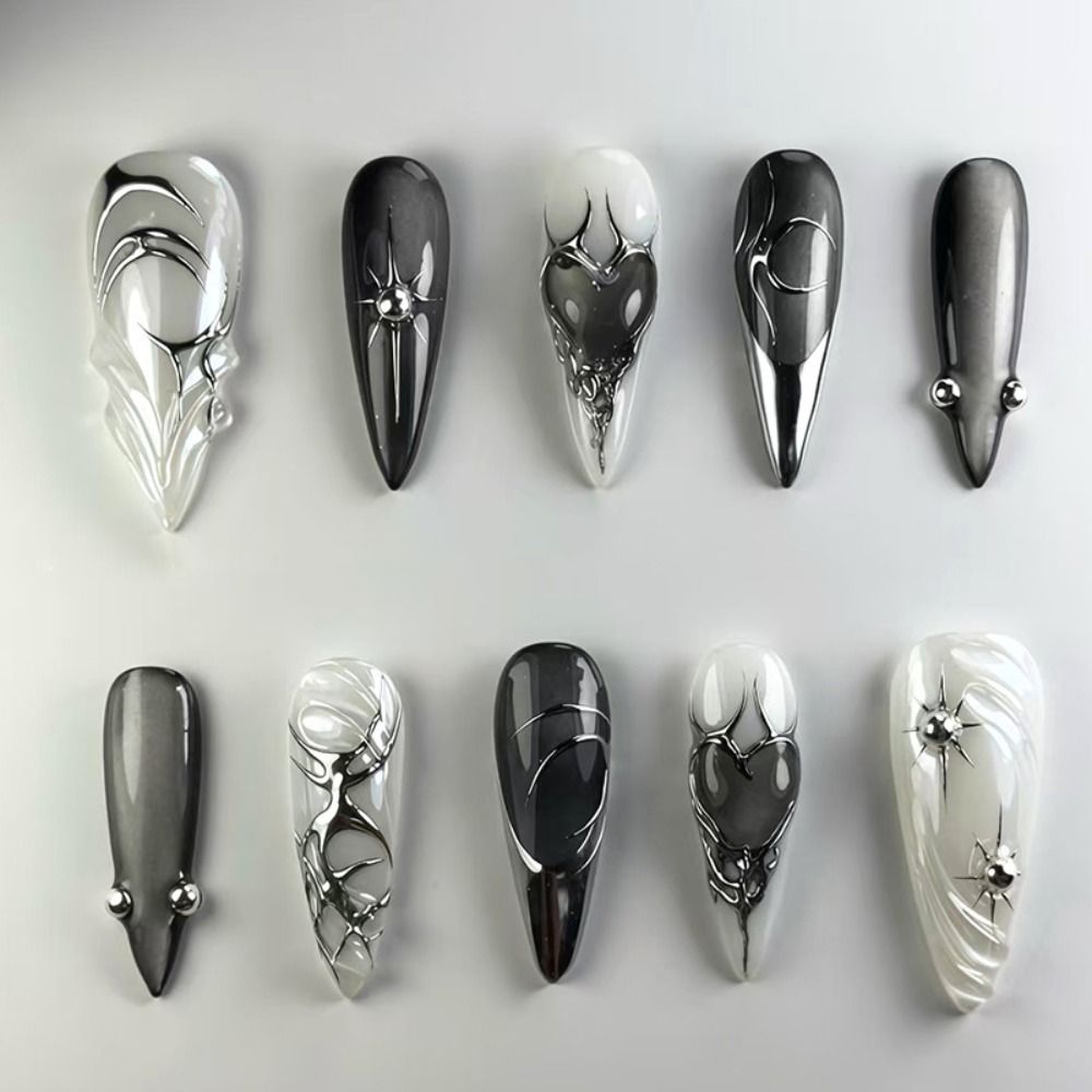 24pcs Manicure Long Almond False Nails French Shining Starburst Gold Bow Fake Nails Crystal Heart White Flower Detachable Press on Nails DIY