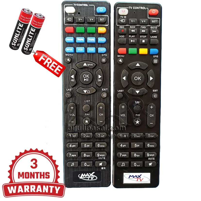 Max Tv / Dish Home IPTV Remote For Maxtv And Dishhome IPTV Set Top Box Free 2Pcs AAA Battery