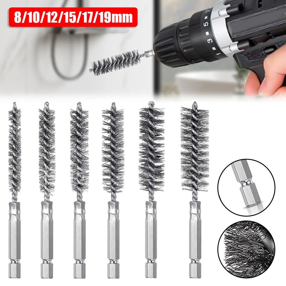 1/6Pcs Durable Stainless Steel Steel Bore Brush Washing Polishing Tools 1/4 6.35mm Hex Shank Twisted Wire Borebrush 8-19mm With Handle Cleaning Brush for Power Drill Impact Driver