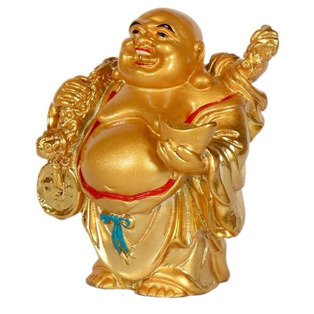 Standing Laughing Buddha | Money Bag potli Coins Sack | for Good Luck, Wealth, Prosperity |Home, Office Decorative Showpiece Idol (9 cm x 6 cm x 9 cm, Golden!