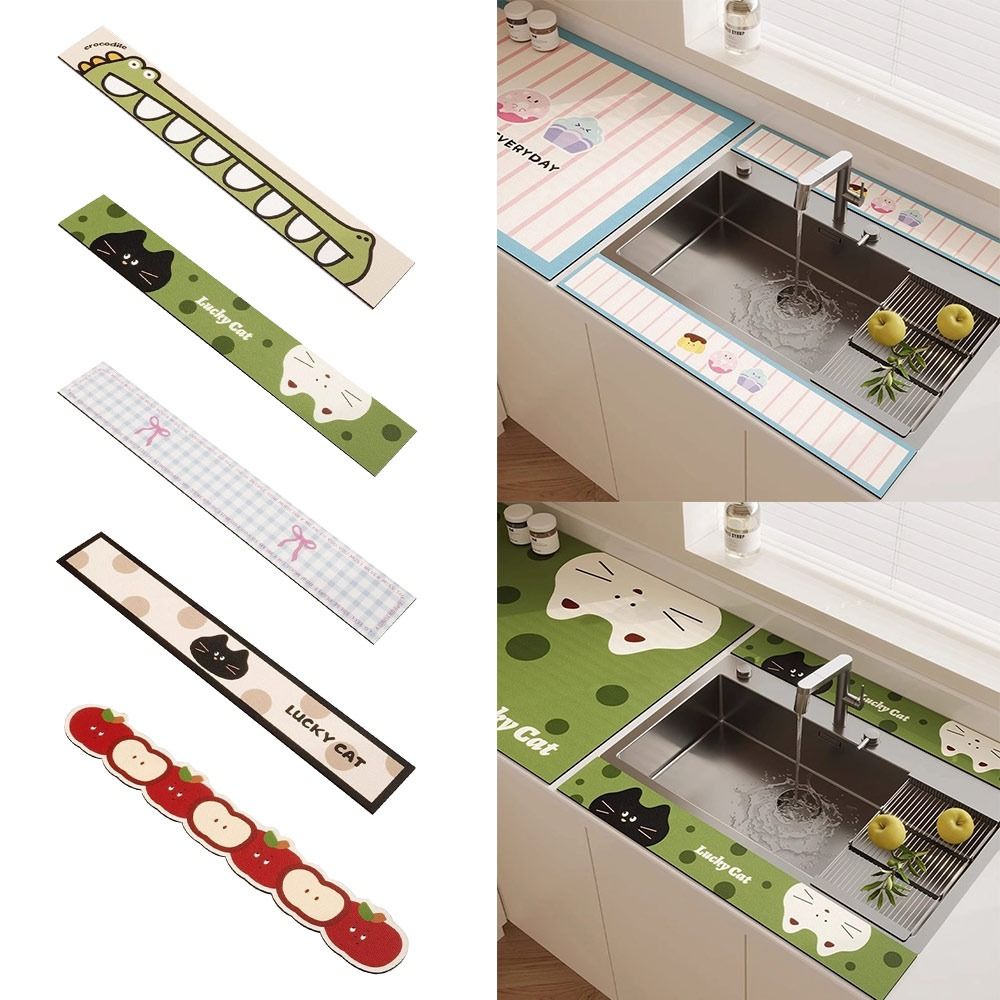 Durable 10x60cm Faucet Drain Mat Cartoon Lucky Cat Coffee Pad Washable Non-Slip Sink Absorbent Mat Kitchen Bathroom