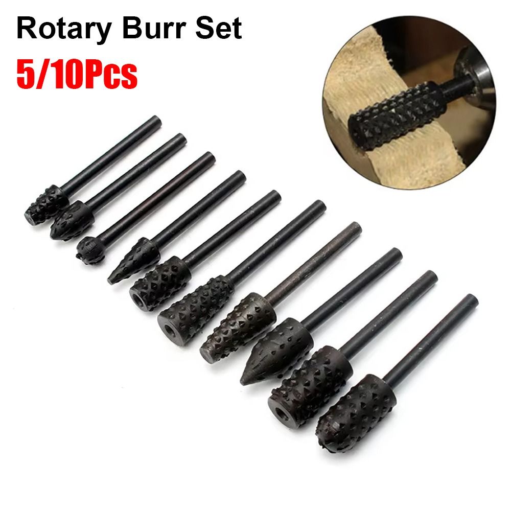 5/10Pcs New 6mm Shank Rotary Burr Set Steel Black Grey Wood Rasp File Grinding Head Drill Bits Polishing