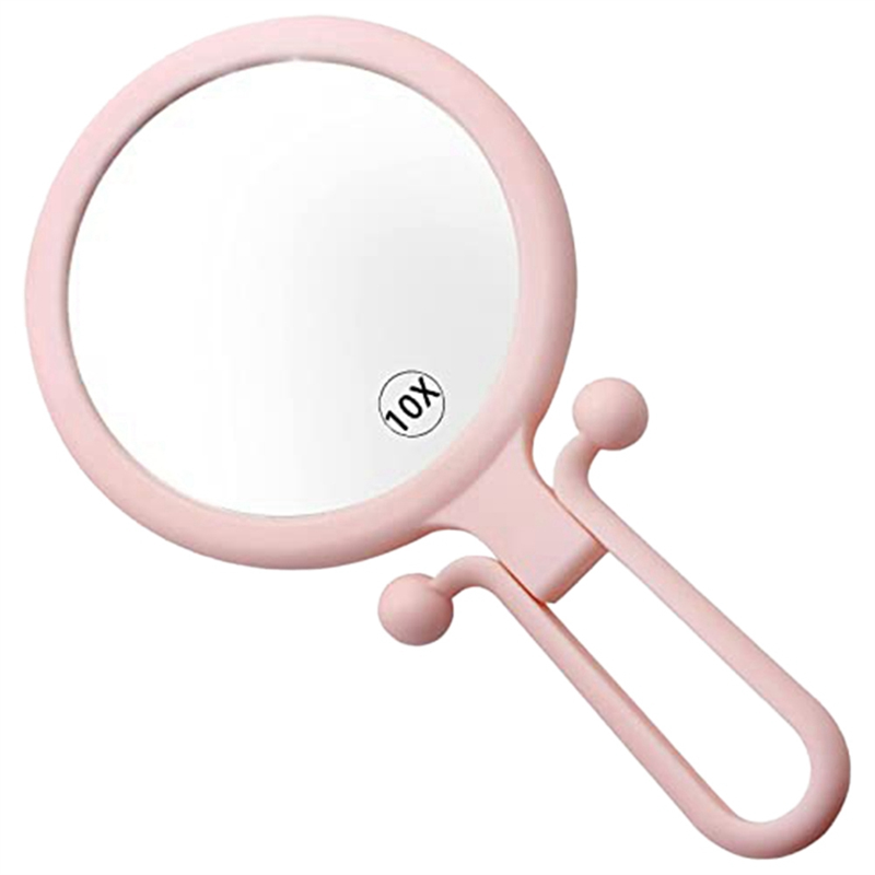 JAERBEE 10X Handheld Magnifier, Double Sided Folding Makeup Mirror, Portable Handheld Mirror with Adjustable Handle(Pink)