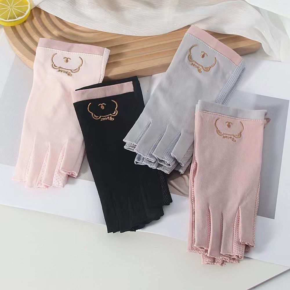 Sun Protection Gloves For Girls Outdoor Riding Mittens Cycling Gloves Anti-UV Gloves Cotton Bear Mesh Gloves Letter Summer Sunscreen Gloves Half Finger Gloves Touch Screen Gloves Women Gloves