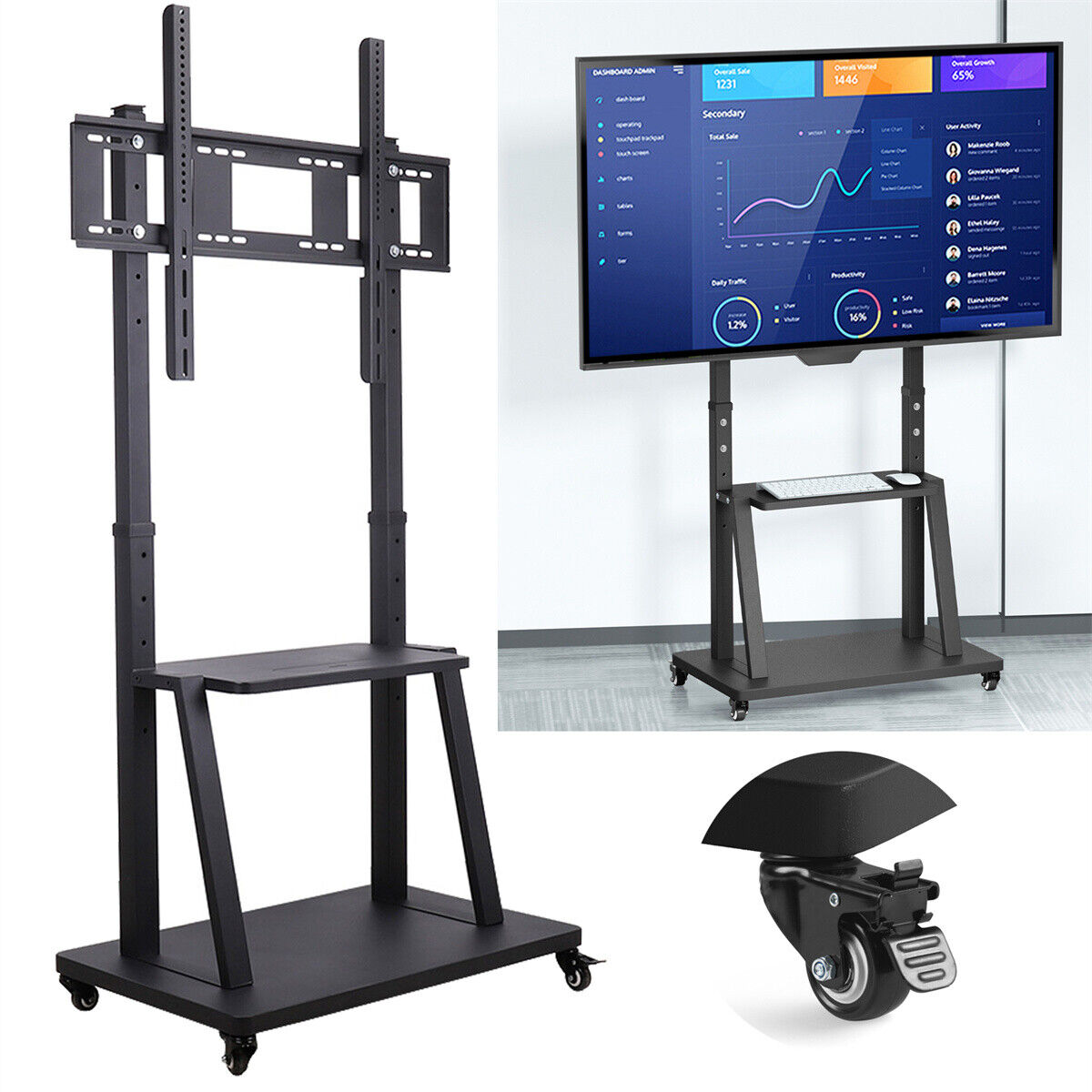 Portable TV Cart Height Adjustable - 32 to 75 Inch Mobile TV Stand with Webcam Shelf/Wheels, Floor Trolley for School/Office