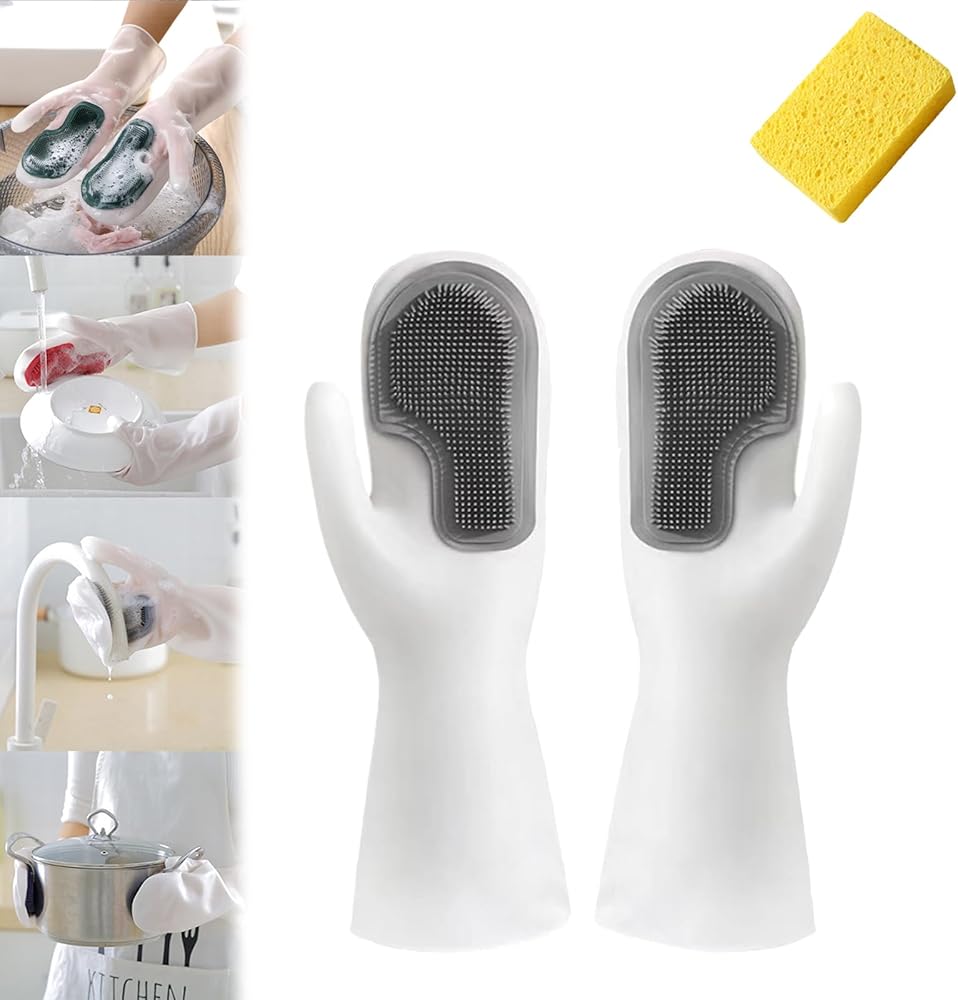 Mop Gloves, Dishwashing Gloves, Reusable Cleaning Gloves with Cleaning Brush, Hand Protection and Heat Resistant for Kitchen Bathroom