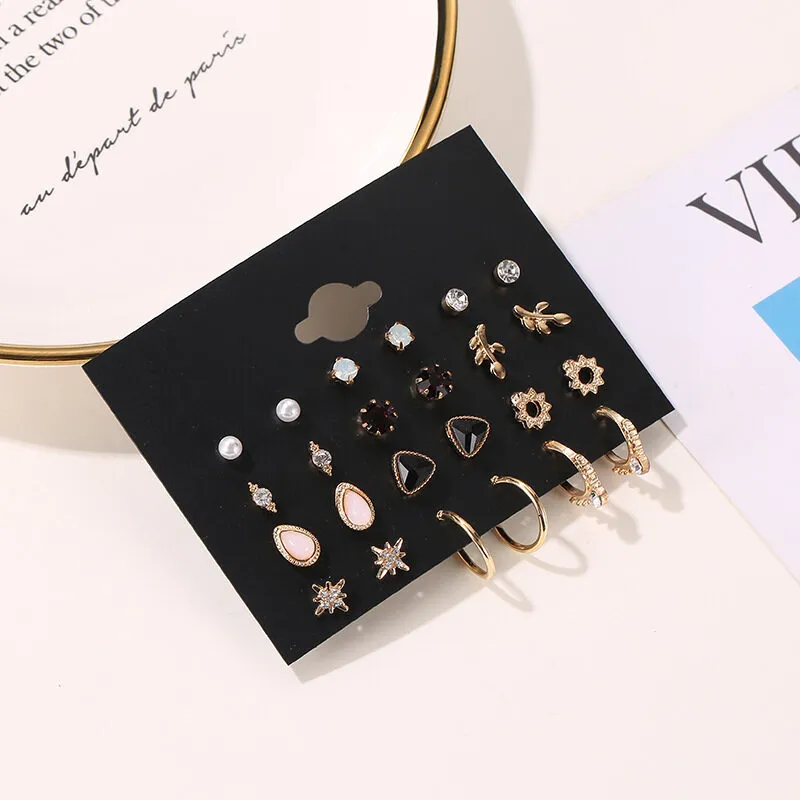 Trendy 12-Pair Women’s Mixed Stud Earring Set - Elegant Gold & Crystal Fashion Jewelry Collection