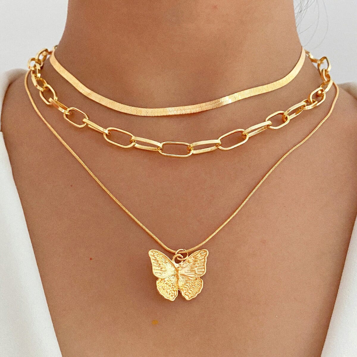 ANX New Trendy 3 Layered Set Necklace For Women Butterfly Pendant/Set Necklace/Layered Chain