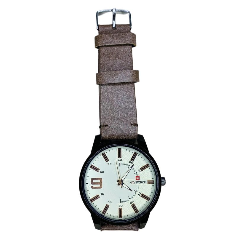 Round White Dial Leather Belt Fashionable Quartz Moment Best Quality Watch For Men (Light Brown)