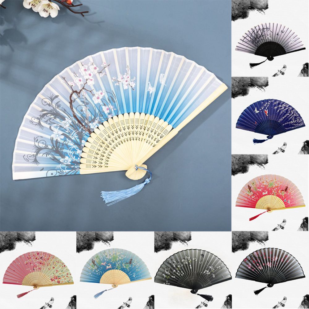 Summer Flower Pattern Classical Folding Fan Tassel Cloth Art Chinese Style Fan Wooden handle Retro Classical Dancing Fan Home Decoration