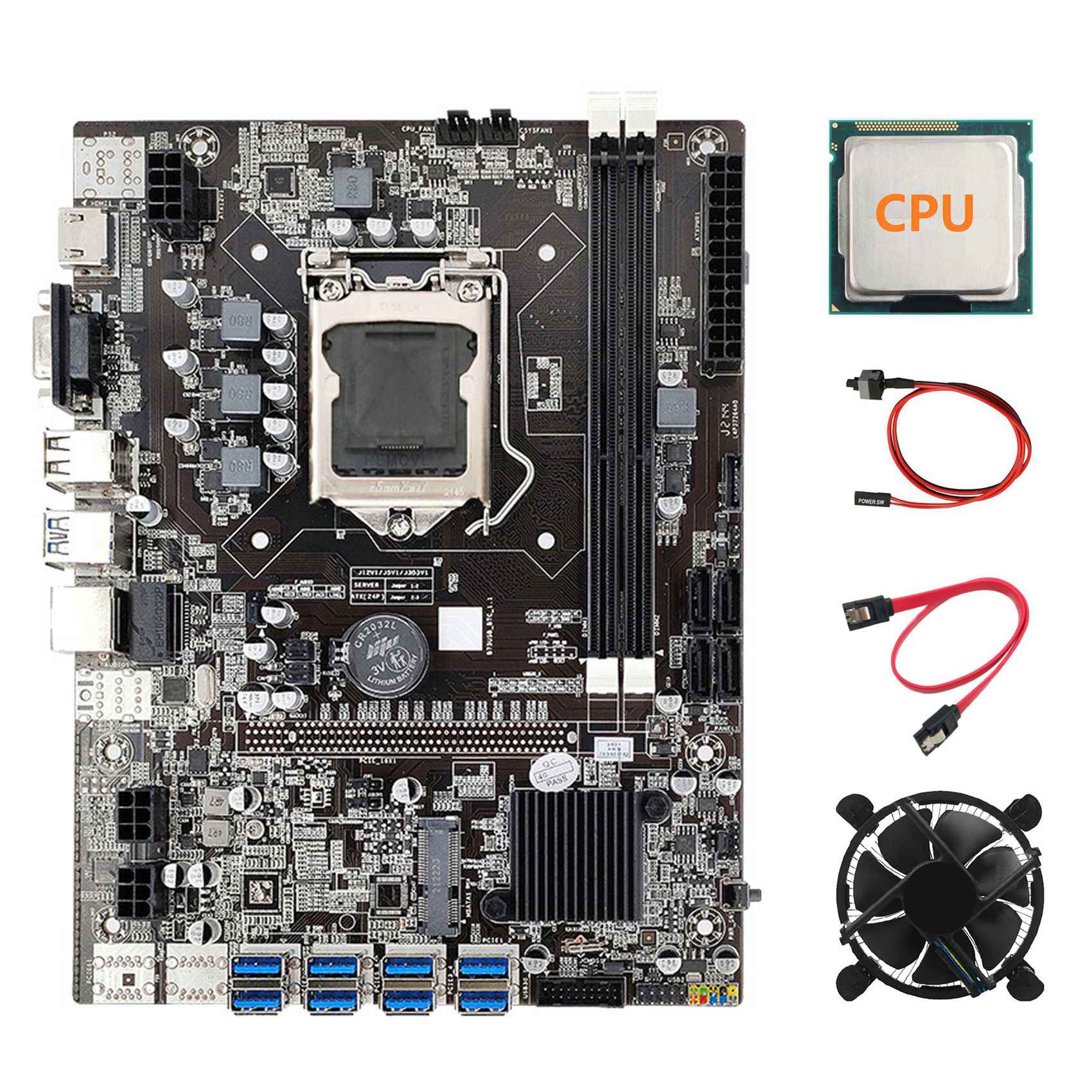 FORIDE B75 ETH Mining Motherboard+CPU+Cooling Fan+SATA Cable+Switch Cable LGA1155 8XPCIE USB Adapter DDR3 MSATA Motherboard
