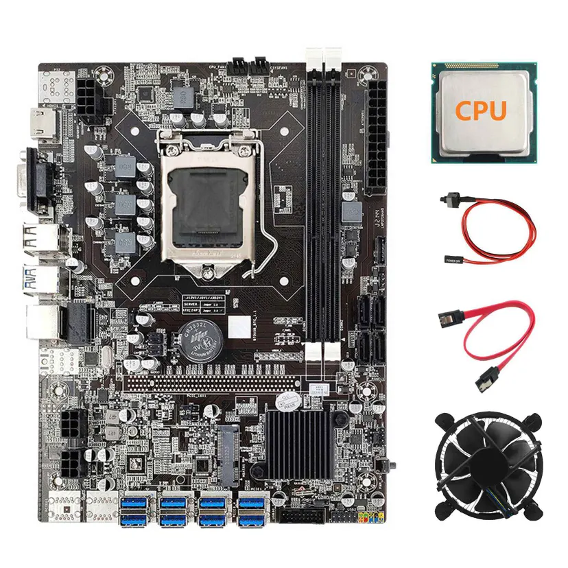 FORIDE B75 ETH Mining Motherboard+CPU+Cooling Fan+SATA Cable+Switch Cable LGA1155 8XPCIE USB Adapter DDR3 MSATA Motherboard