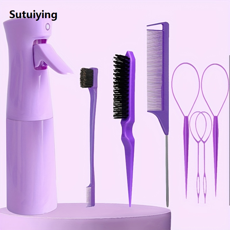 Sutuiying 8-piece hair styling set, 6.76 oz spray bottle and nylon hair brush, Bargain price mouse tail comb, edge control hair brush and hair tail tool